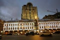 Smolensky passage shopping mall in Moscow city center and Garden Ring street at evening