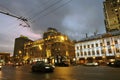 Smolensky passage shopping mall in Moscow city center and Garden Ring street at evening