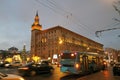 Smolensky passage shopping mall in Moscow city center and Garden Ring street at evening