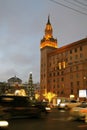 Smolensky passage shopping mall in Moscow city center and Garden Ring street at evening