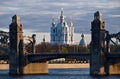 Smolny cathedral and Bolsheokhtinsky Bridge in Saint-Petersburg Royalty Free Stock Photo