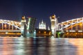 Smolny cathedral and open Bolsheokhtinsky bridge at night, Saint Petersburg, Russia Royalty Free Stock Photo