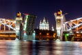 Smolny cathedral and open Bolsheokhtinsky bridge at night, Saint Petersburg, Russia Royalty Free Stock Photo