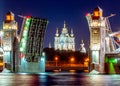 Smolny cathedral and open Bolsheokhtinsky bridge at night, Saint Petersburg, Russia Royalty Free Stock Photo