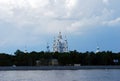 Smolny Cathedral on a summer day. View across the Neva river from the Sverdlovsk embankment. Urban landscape. Saint-Petersburg.