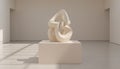 A smooth abstract sculpture composed of intertwined pale forms displayed in a minimal gallery illuminated by soft Royalty Free Stock Photo