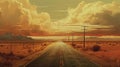 Smooth asphalt road through the desert. Abstract landscape painted in oil. Post apocalyptic scenery, empty background Royalty Free Stock Photo