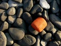 Smooth Black Rocks with One Orange Rock