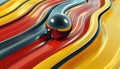 A smooth black sphere rolls on colorful, wavy patterns of red, yellow, and blue lines