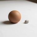A smooth brown egg and a small round gray stone are placed on a white surface Royalty Free Stock Photo