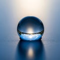 A smooth, clear glass sphere rests on a flat, reflective surface. The sphere captures a Royalty Free Stock Photo