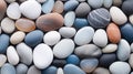 Smooth colorful pebbles on the beach, natural background. Beautiful rounded rocks polished by water. Generative AI