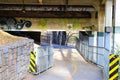 A smooth concrete bike path with a yellow line in the park surrounded by lush green and autumn colored trees Royalty Free Stock Photo