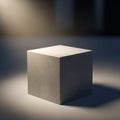 Smooth, concrete cube is centered on a flat surface, illuminated by Royalty Free Stock Photo
