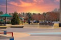 A smooth concrete skatepark surrounded by yellow winter grass, green umbrellas over benches, bare winter trees