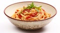 Smooth And Curved: Oriental Spaghetti In A Red And White Bowl