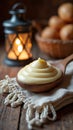 Smooth custard cream on wooden spoon with lantern light and basket of eggs Royalty Free Stock Photo