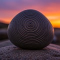 A smooth, dark stone with concentric circular patterns rests on a larger rock. The Royalty Free Stock Photo