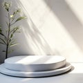 Smooth edge natural shape white podium in sunlight shadow for on white table countertop corner wall for nature luxury hygiene