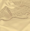 Smooth elegant golden silk or satin with pearls and lace as wedding background. In Sepia toned. Retro style Royalty Free Stock Photo