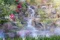 Smooth flowing water falling over many plants in the rocks in korean park Royalty Free Stock Photo