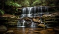 Smooth flowing water falls over tropical rock in idyllic forest generated by AI