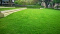 Smooth and fresh green grass lawn as a carpet in garden backyard, good care maintenance landscapes decorated with flowering plant Royalty Free Stock Photo
