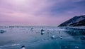 On the smooth frozen lake are scattered many shining shards of ice, similar to diamonds. Royalty Free Stock Photo