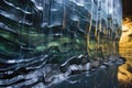 a smooth, glass-like obsidian wall inside a volcano cave