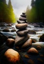 Smooth Glossy Wet River Stones Stacked to Form a Tower on a Picturesque Rocky Stream with Lush Forest background AI Generative Royalty Free Stock Photo