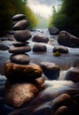 Smooth Glossy Wet River Stones Stacked to Form a Tower on a Picturesque Rocky Stream with Lush Forest background AI Generative Royalty Free Stock Photo