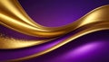 Smooth golden waves with subtle glitter accents flowing over a deep purple gradient background with soft light diffusion Royalty Free Stock Photo