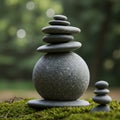 Smooth gray stones are carefully balanced in a stack on a lush, green mossy surface Royalty Free Stock Photo
