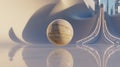 A Textured Sphere Rests Upon a Reflective Surface in a Futuristic Architectural Setting, AI generated Royalty Free Stock Photo