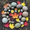 Smooth, multicolored river stones arranged on dark soil form a circular pattern Royalty Free Stock Photo