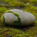A smooth, oval-shaped gray stone is partially covered with vibrant green moss (Bryopsida), creating Royalty Free Stock Photo