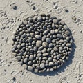 Smooth oval stones are arranged in a circular pattern on sandy ground Royalty Free Stock Photo