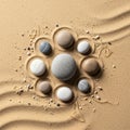 Smooth pebbles arranged in a circular pattern on fine rippled sand Royalty Free Stock Photo
