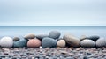 Smooth pebbles arranged on a serene rocky beach, with calm blue ocean in the background. Quiet seascape. Generative AI Royalty Free Stock Photo