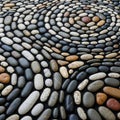Smooth pebbles arranged in swirling patterns atop a black surface Royalty Free Stock Photo