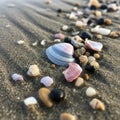 Smooth pebbles and broken shells in white pink and beige. Close up angle Royalty Free Stock Photo