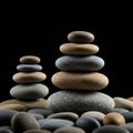 Smooth pebbles stack into two balanced cairns against a black background. The Royalty Free Stock Photo