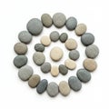 Smooth pebbles of various sizes and shades are arranged in concentric circles on a Royalty Free Stock Photo