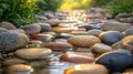 Smooth river stones with water droplets reflecting sunlight. Concept of water adaptability and flow Royalty Free Stock Photo