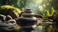 smooth rocks stacked on top of each other in stream leading to a waterfall in a forest Royalty Free Stock Photo