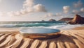 Smooth round metallic platform set on desert sand with the ocean waves in the background, capturing the serene blend of Royalty Free Stock Photo