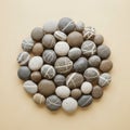 Smooth round stones arranged in a circular pattern on a beige backgroun Royalty Free Stock Photo