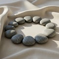 Smooth, rounded gray stones are arranged in a circular pattern on a beige fabric Royalty Free Stock Photo