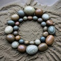 Smooth, rounded pebbles in shades of gray, brown, and green form a circle on Royalty Free Stock Photo