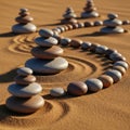 Smooth, rounded stones are arranged in a spiral pattern on a sandy Royalty Free Stock Photo